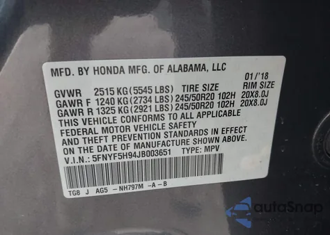 2018 Honda Pilot Touring z USA, uszkodzony, nr VIN 5FNYF5H94JB003651